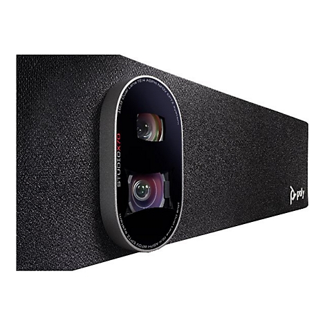 Nahaufnahme der Poly Studio X70 Videokonferenz-Kamera mit zwei Objektiven auf schwarzem Textilgehäuse.