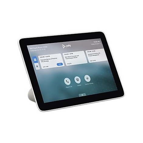 Poly Touch-Controller auf weißem Hintergrund zeigt eine Meeting-Planungs-Oberfläche mit Zeitplänen und Steuerungsoptionen.