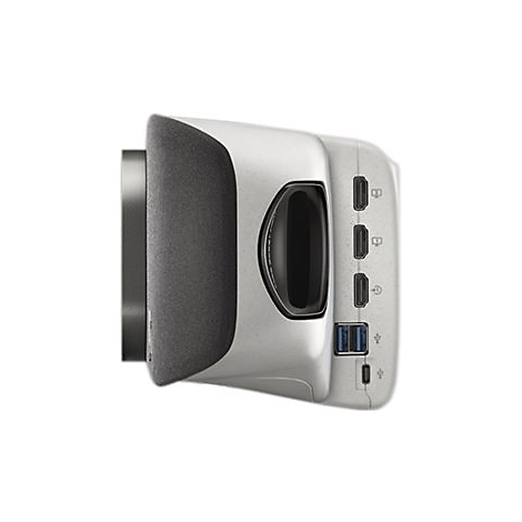 Seitliche Ansicht einer silbernen Dockingstation mit diversen Anschlüssen, darunter USB und HDMI.