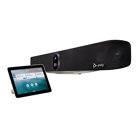 Poly Studio X70 Videokonferenz-System mit Touch-Controller vor weißem Hintergrund.