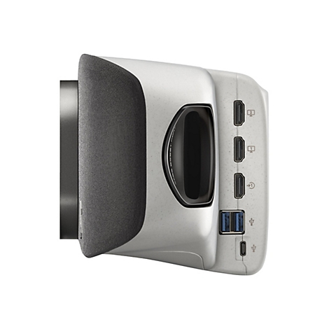 Nahaufnahme eines VR-Headsets. Die linke Seite ist schwarz, die rechte weiß mit Anschlüssen.