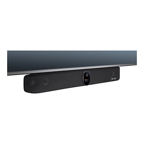 Schwarze Videokonferenz-Soundbar unter einem Monitor. Die Bar hat eine Kamera und ein Poly-Logo.