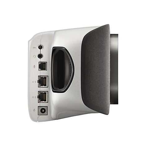 Ein weißes technisches Gerät, seitlich gesehen, mit verschiedenen Anschlüssen und einer schwarzen Oberfläche.