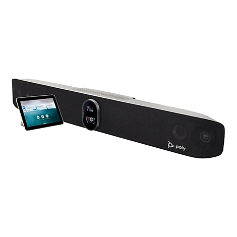 Ein schwarzes Poly Studio X70 Videokonferenzsystem mit einem Display. Es gibt eine Kamera mit zwei Linsen und ein separates Touch-Display, das leicht angewinkelt ist.
