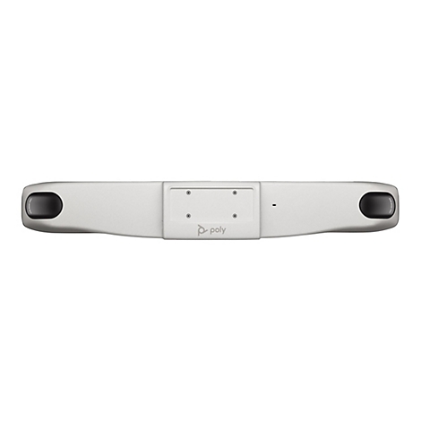 Graue Soundbar mit Poly-Logo und Löchern für Anschlüsse. An den Enden runde Vertiefungen.