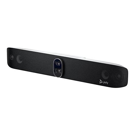 Schwarze Videokonferenz-Soundbar mit ovaler Kamera und Poly-Logo.
