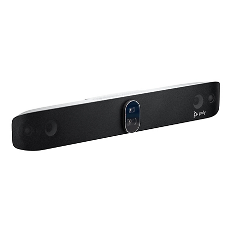 Ein schwarzes Videokonferenzsystem mit eingebauter Kamera, Lautsprechern und Mikrofonen vor weißem Hintergrund.