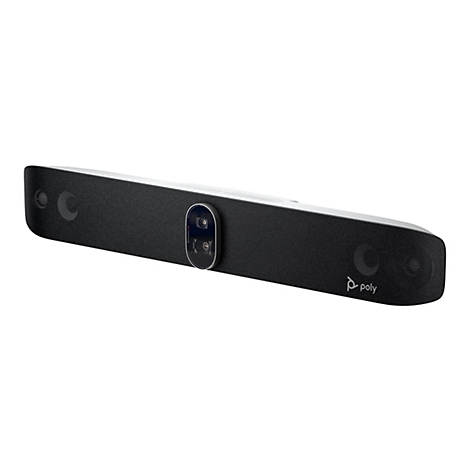 Langgestreckte schwarze Videokonferenzleiste mit Kamera und Mikrofonen; silberne Oberseite, Logo 'poly'.