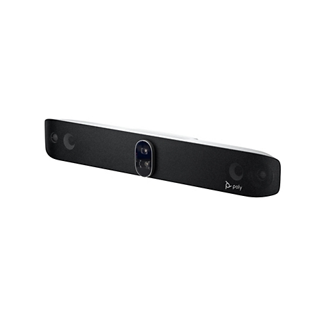 Ein schwarzes Poly Studio X70, eine Videobar, liegt diagonal vor weißem Hintergrund. Auf der Front sind Kamera, Mikrofon und Lautsprecher angebracht.