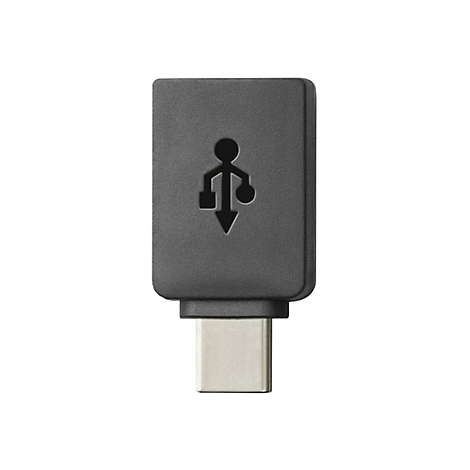 Schwarzer USB-C-Adapter mit USB-Logo.