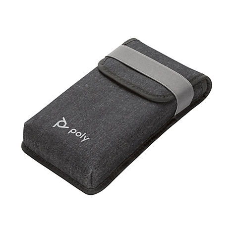 Dunkelgraue Stofftasche mit Gummiband und Logo "poly".