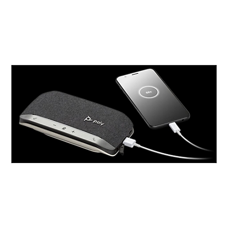 Dunkelgrauer Lautsprecher von Poly, lädt ein Smartphone. Das Telefon zeigt 66% Ladung an.