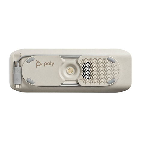 Von oben betrachteter, beigefarbener Poly-Audio-Adapter mit Logo und USB-Anschluss. Das Design weist geometrische Muster auf.