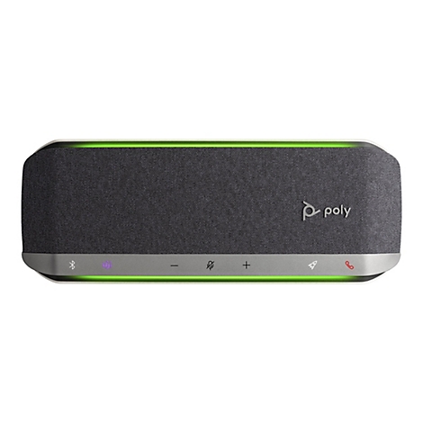 Haut-parleur gris foncé avec bande lumineuse verte, commandes argentées en dessous. Logo Poly à droite.