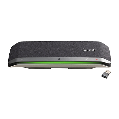 Ein schwarzer Konferenzlautsprecher mit grauen Details, darunter Lautstärke- und Mikrofon-Tasten, sowie ein USB-Dongle.
