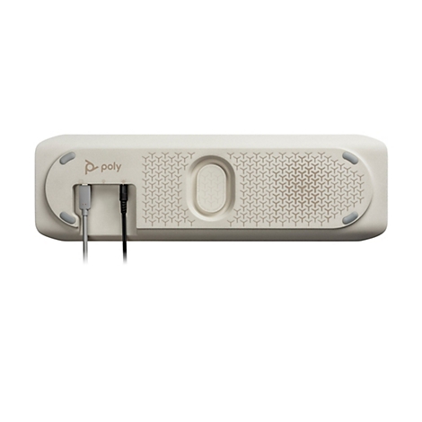 Appareil de conférence Poly blanc avec motif géométrique. Câble USB-C gris et câble d'alimentation noir. Logo Poly et texte sur l'appareil.