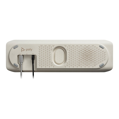 Vue de dessus d'un téléphone de conférence de couleur crème. Les ports USB et audio sont visibles, ainsi qu'un motif sur le dessus.