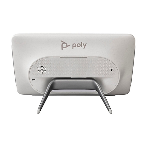 Rückansicht eines weißen Poly-Geräts mit einem grauen Ständer. Unten befindet sich das Poly-Logo. Ein Lautsprecher ist im Design integriert.