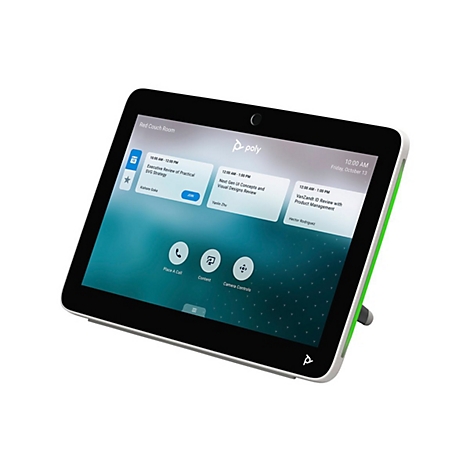 Ein Tablet mit grünem Rand zeigt einen Terminkalender. Auf dem Display sind Termine und eine Uhrzeit zu sehen. Unten Symbole für Anrufe und Inhalt.