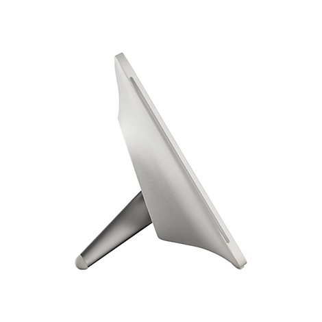 Moniteur gris clair avec support, vue latérale. Le moniteur a un cadre étroit et un support plus foncé.