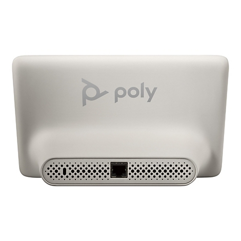 Rückansicht eines weißen Poly-Geräts mit Poly-Logo und "poly" in Grau. Unten befinden sich Lüftungsschlitze und eine Ethernet-Buchse.