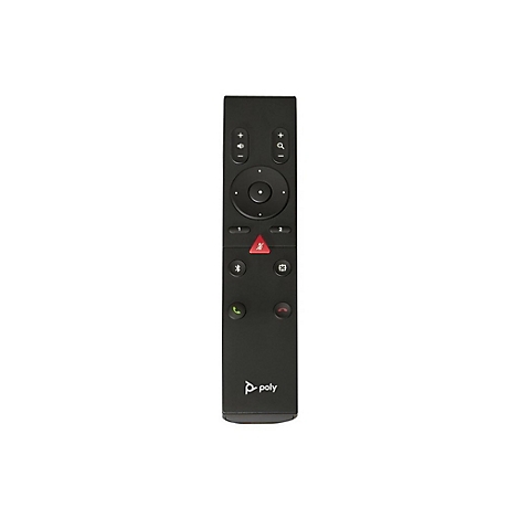 Télécommande noire avec boutons et le logo Poly. Contrôle du volume en haut, un pavé directionnel au milieu, deux boutons de téléphone en bas.