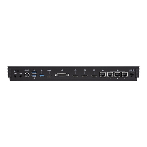 Schwarze Dockingstation mit verschiedenen AnschlÃ¼ssen, wie USB, HDMI, LAN. Hintergrund ist weiÃŸ.