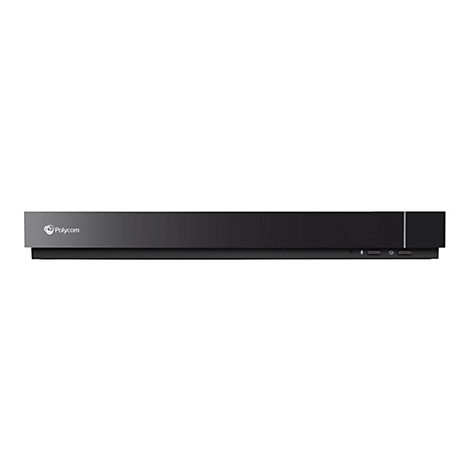 Schwarzes, lÃ¤ngliches GerÃ¤t mit Polycom-Logo. Es hat KnÃ¶pfe und AnschlÃ¼sse, weiÃŸer Hintergrund.