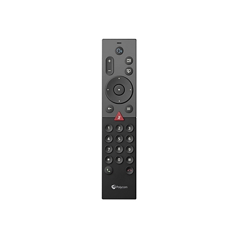 Grauer Polycom Fernbedienung, verschiedene KnÃ¶pfe, rotes Dreieck.