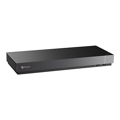 Schwarzes Polycom-GerÃ¤t. Langgestreckte Form. Kleines Logo auf der linken Seite. Minimale AnschlÃ¼sse auf der rechten Seite.