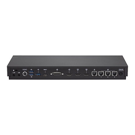 Gerät mit zahlreichen Anschlüssen, darunter USB-C, HDMI und Ethernet. Schwarzes Gehäuse, auf hellem Hintergrund.