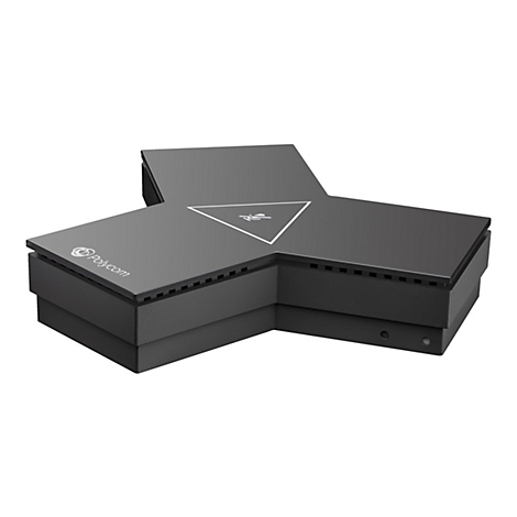 Ein schwarzes, sternfÃ¶rmiges Videokonferenzsystem. Auf der Oberseite befindet sich ein weiÃŸes Dreieck mit Schriftzug. Das Polycom Logo ist erkennbar.