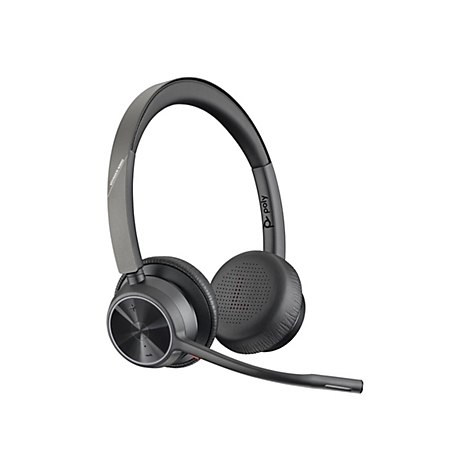 Graues Poly Voyager 4320 On-Ear-Headset mit Bügelmikrofon vor weißem Hintergrund.