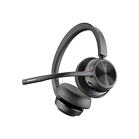 Drahtloses Headset in Grau, schwarzer Mikrofonarm, Knöpfe mit Plus- und Minuszeichen.