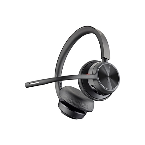 Drahtloses Headset in Grau mit Mikrofon und gepolsterten Ohrmuscheln. Auf der rechten Ohrmuschel sind Tasten und ein Bedienfeld angebracht.