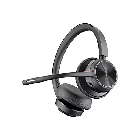 Drahtloses Headset in Grau, mit Mikrofon und Ohrpolster, vor weißem Hintergrund.