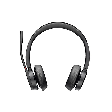 Schwarzes Headset mit Ohrmuscheln und Mikrofon, vor weißem Hintergrund. Am Mikrofon ist ein roter Akzent.