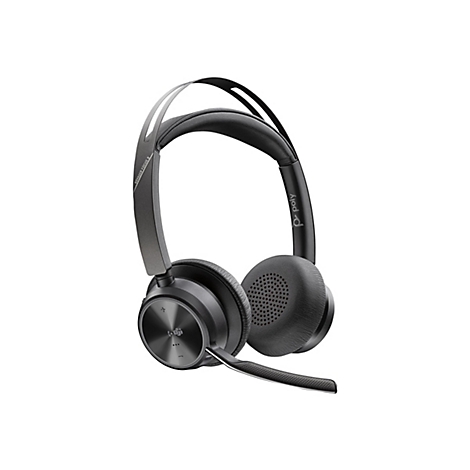 Drahtloses Headset in Schwarz, Nahaufnahme. Mikrofon und Ohrmuschel mit Logo.