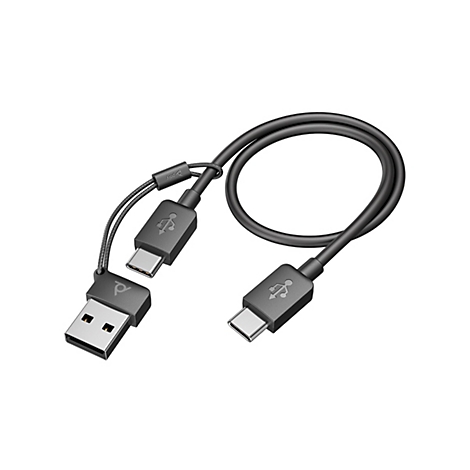Schwarzes USB-C-auf-USB-A-Kabel mit drei Anschlüssen und Poly-Logo.