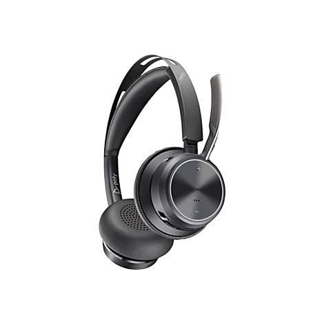 Draufsicht auf ein schwarzes Headset mit Mikrofon auf weißem Hintergrund. Das Headset hat ein futuristisches Design mit gepolsterten Ohrmuscheln und einem verstellbaren Bügel.