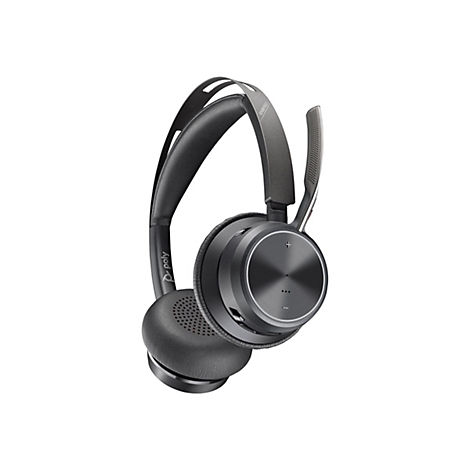 Dunkelgraues Headset, Detailaufnahme. Ovale Ohrmuschel, Mikrofon am Bügel, silberfarbene Bedienelemente.