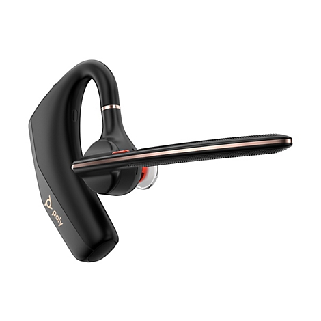 Schwarzes Bluetooth-Headset mit roségoldenen Akzenten. Auf weißem Hintergrund.