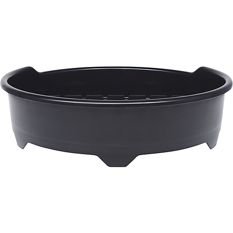 Eine schwarze, ovale Schale mit erhöhten Seiten und Füßen.