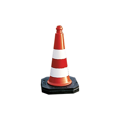 Orange traffic cone with white stripes, stands on a black base.
