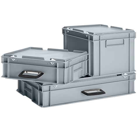 Grey plastic boxes, stacked. Handles, lids and edges are clearly visible.