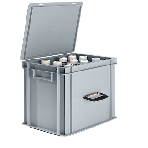 Grey box with partially opened lid, filled with bottles.