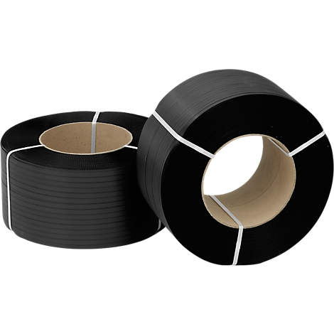 Two rolls of black strapping band, secured with white band.