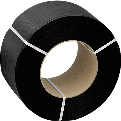 Black strapping band on a roll. The roll is secured with white tape.