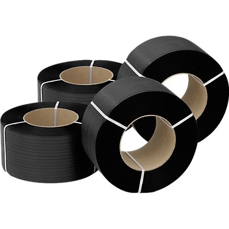 Four black strapping rolls, rolled up and secured with white straps.