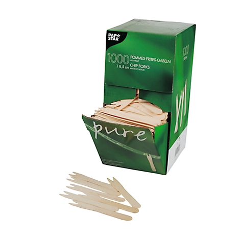 Grüne Pappschachtel mit 1000 Holzgabeln. Einige liegen davor.